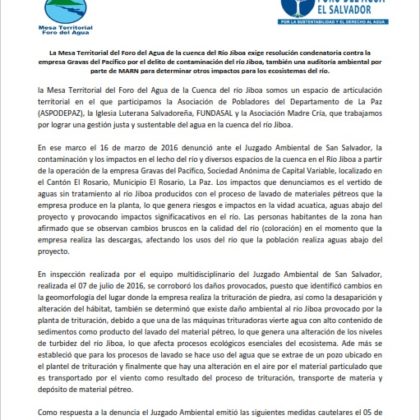 Comunicado contra audiencia gravas del pacífico por delito de contaminación a río Jiboa