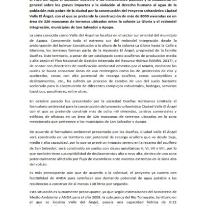 Comunicado de prensa sobre construcción de proyecto urbanístico Valle el Ángel