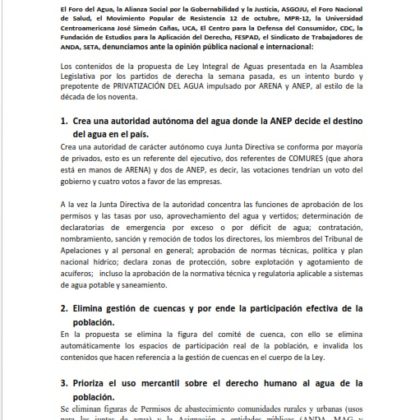 Comunicado Movimiento Social sobre Ley Integral de Aguas