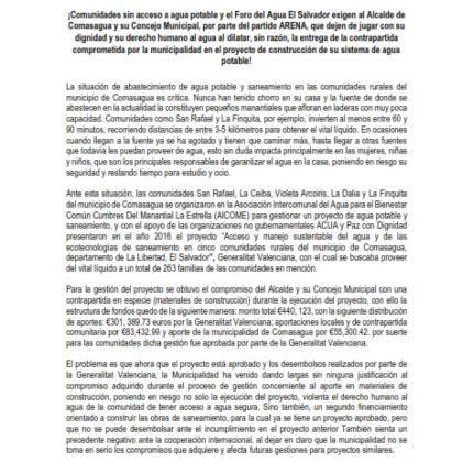 Comunicado de prensa sobre el retardo de entrega de contrapartida por la municipalidad de Comasagua para la construcción de un sistema de agua potable
