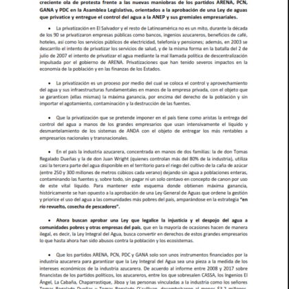 Comunicado de prensa denunciando maniobras nacionales e internacionales para privatizar el agua por parte de la derecha